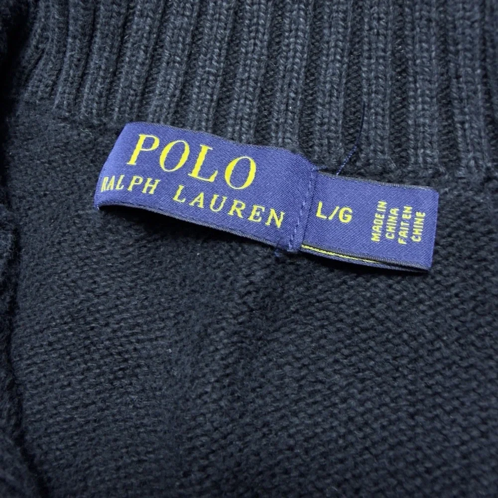 Polo Ralph Lauren Large Knit Sweater Black 1/4 Button Mock Neck Purple Pony